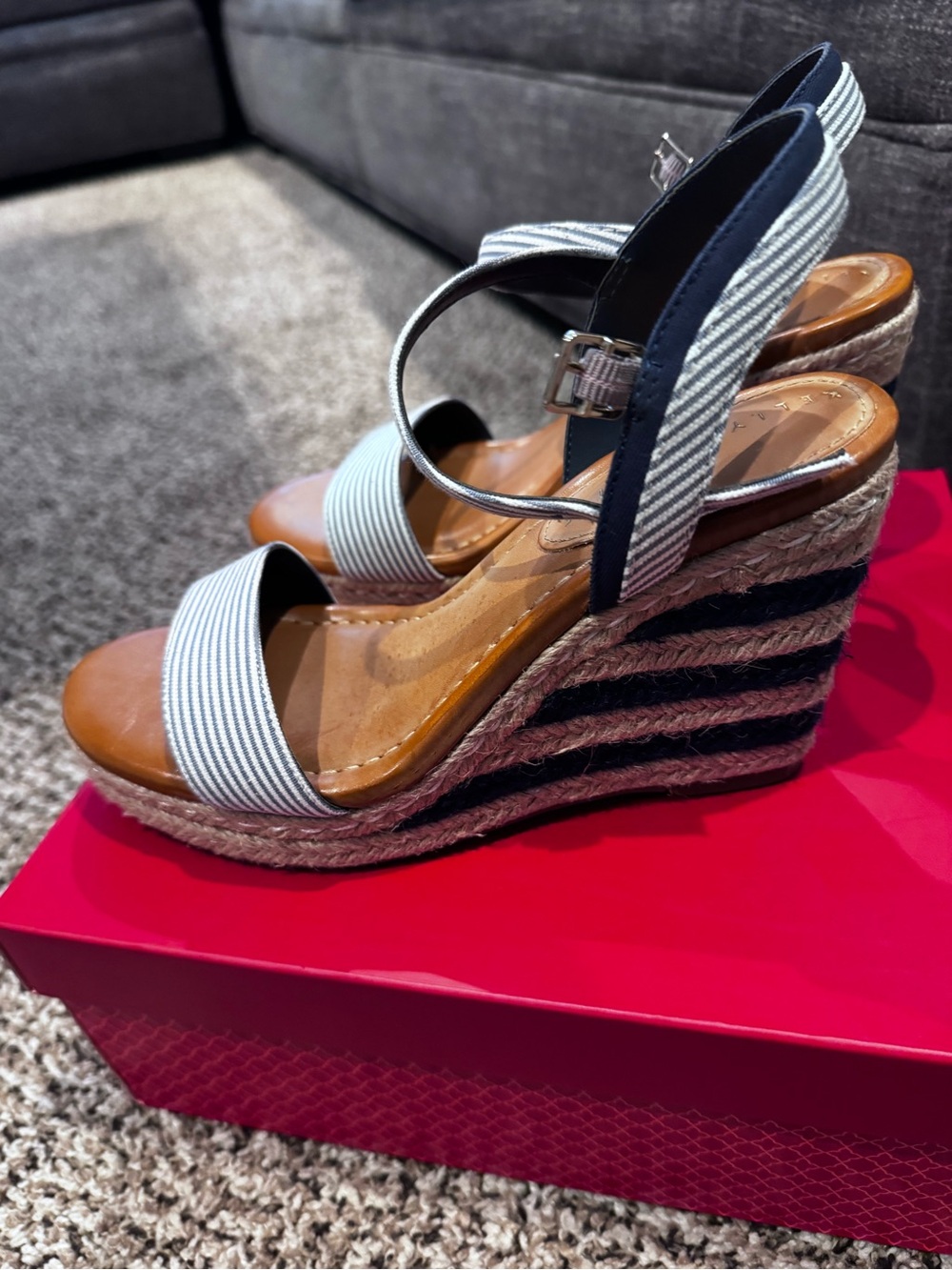 Kelly and Katie. Navy and White striped wedges